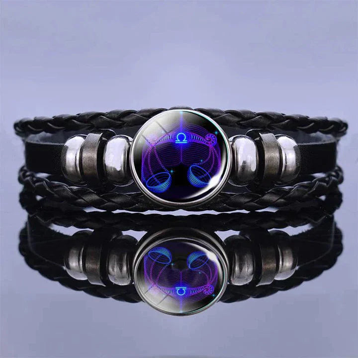 Zodiac Constellation Braided Design Black Leather Bracelet Adjustable